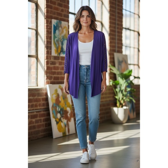Travelers by Chico's Sweaters - NEW Chico's Travelers Cardigan Jacket 1 Medium 8 10 Purple Ring Trim Open Front
